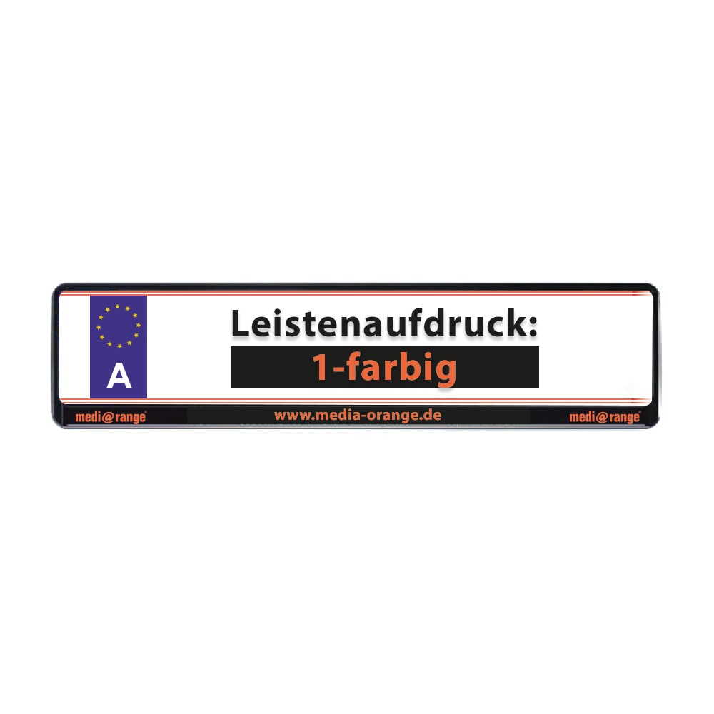 Kennzeichenhalter für Österreichische KFZ mit schwarzer Leiste und  1-farbigem Werbeaufdruck – Media Orange