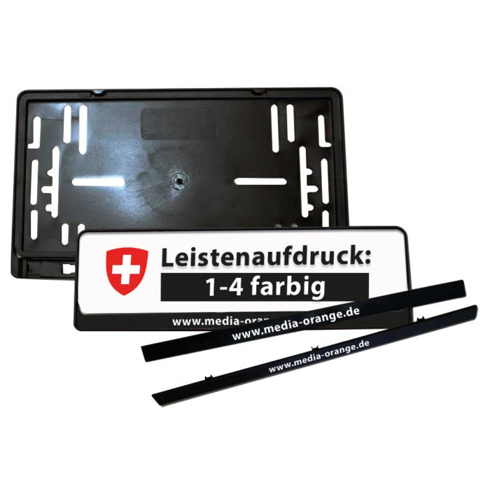 CH Kennzeichenhalter Set hoch mit schwarzen Leisten 1-4-farbigem Werbeaufdruck
