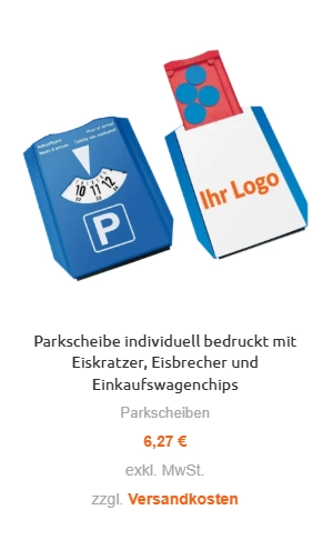 Parkscheibe individuell bedruckt mit Logo, Eiskratzer, Eisbrecher und Einkaufswagenchips als praktischer Werbeartikel fürs Auto